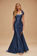 Rutipo Dark Navy Mermaid Beaded Scoop Neck Ruched Slit Prom Dress with Bow Straps