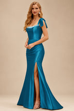 Rutipo Ink Blue Mermaid Beaded Scoop Neck Ruched Slit Prom Dress with Bow Straps