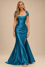 Rutipo Ink Blue Mermaid Beaded Scoop Neck Ruched Slit Prom Dress with Bow Straps