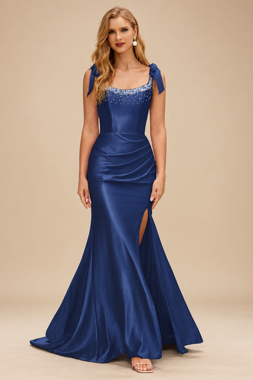 Rutipo Navy Blue Mermaid Beaded Scoop Neck Ruched Slit Prom Dress with Bow Straps