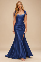 Rutipo Navy Blue Mermaid Beaded Scoop Neck Ruched Slit Prom Dress with Bow Straps