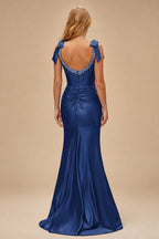 Rutipo Navy Blue Mermaid Beaded Scoop Neck Ruched Slit Prom Dress with Bow Straps