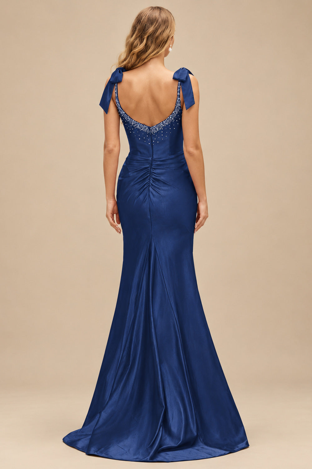 Rutipo Navy Blue Mermaid Beaded Scoop Neck Ruched Slit Prom Dress with Bow Straps