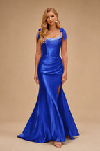 Rutipo Royal Blue Mermaid Beaded Scoop Neck Ruched Slit Prom Dress with Bow Straps