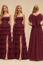 Rutipo Cabernet A-line Ruched Strapless Hot Fix Corset Chiffon Tiered Ruffle Prom Dress with Slit