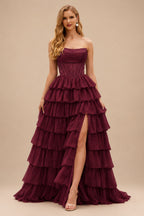 Rutipo Cabernet A-line Ruched Strapless Hot Fix Corset Chiffon Tiered Ruffle Prom Dress with Slit