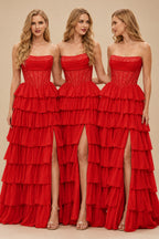 Rutipo Red A-line Ruched Strapless Hot Fix Corset Chiffon Tiered Ruffle Prom Dress with Slit