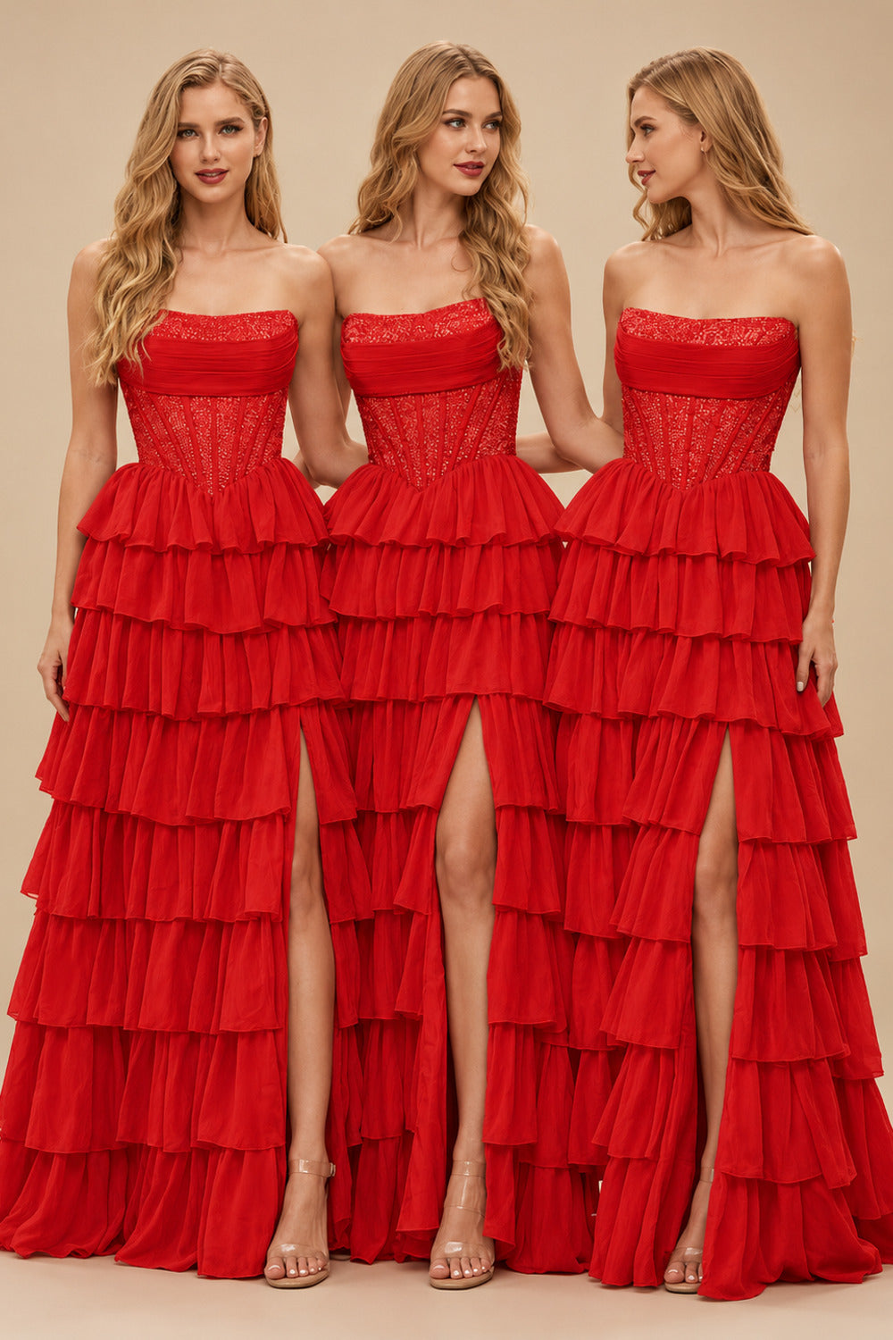 Rutipo Red A-line Ruched Strapless Hot Fix Corset Chiffon Tiered Ruffle Prom Dress with Slit