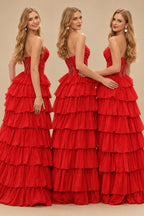 Rutipo Red A-line Ruched Strapless Hot Fix Corset Chiffon Tiered Ruffle Prom Dress with Slit