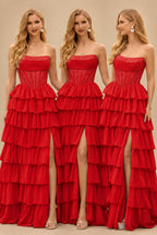 Rutipo Red A-line Ruched Strapless Hot Fix Corset Chiffon Tiered Ruffle Prom Dress with Slit