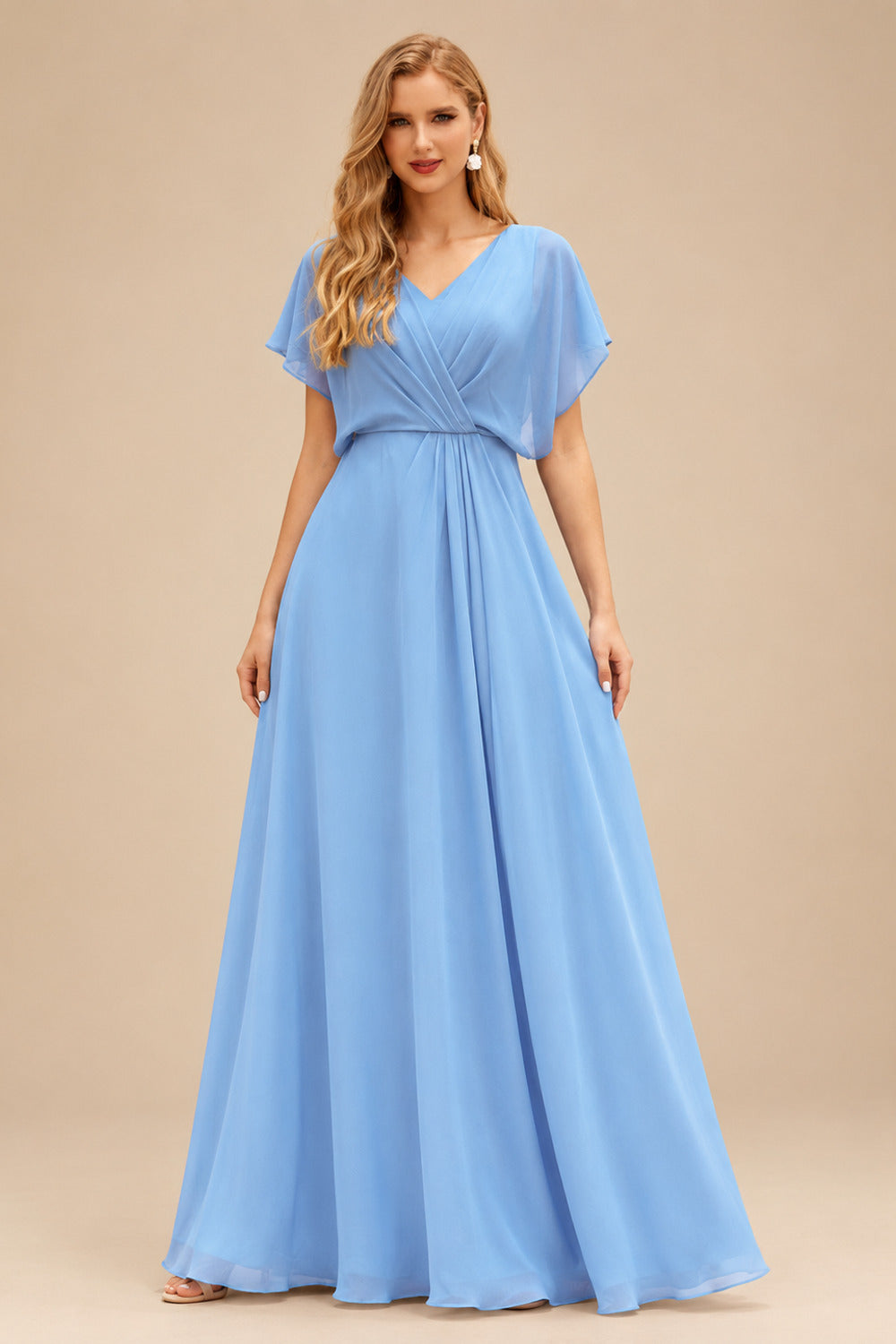 Rutipo Sky Blue A-line Ruched Strapless Hot Fix Corset Chiffon Tiered Ruffle Prom Dress with Slit