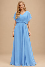 Rutipo Sky Blue A-line Ruched Strapless Hot Fix Corset Chiffon Tiered Ruffle Prom Dress with Slit