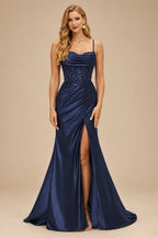 Rutipo Dark Navy Ruched Mermaid Beaded Sequins Embellished Corset Slit Prom Dress with Spaghetti Straps