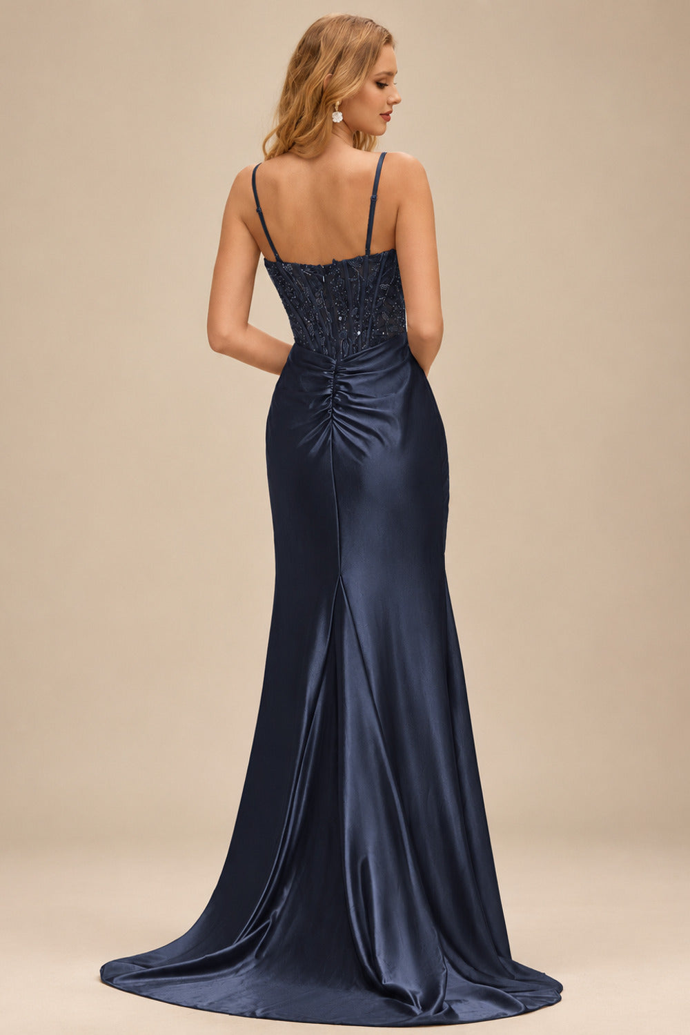 Rutipo Dark Navy Ruched Mermaid Beaded Sequins Embellished Corset Slit Prom Dress with Spaghetti Straps