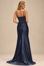 Rutipo Dark Navy Ruched Mermaid Beaded Sequins Embellished Corset Slit Prom Dress with Spaghetti Straps