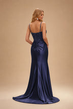 Rutipo Dark Navy Ruched Mermaid Beaded Sequins Embellished Corset Slit Prom Dress with Spaghetti Straps