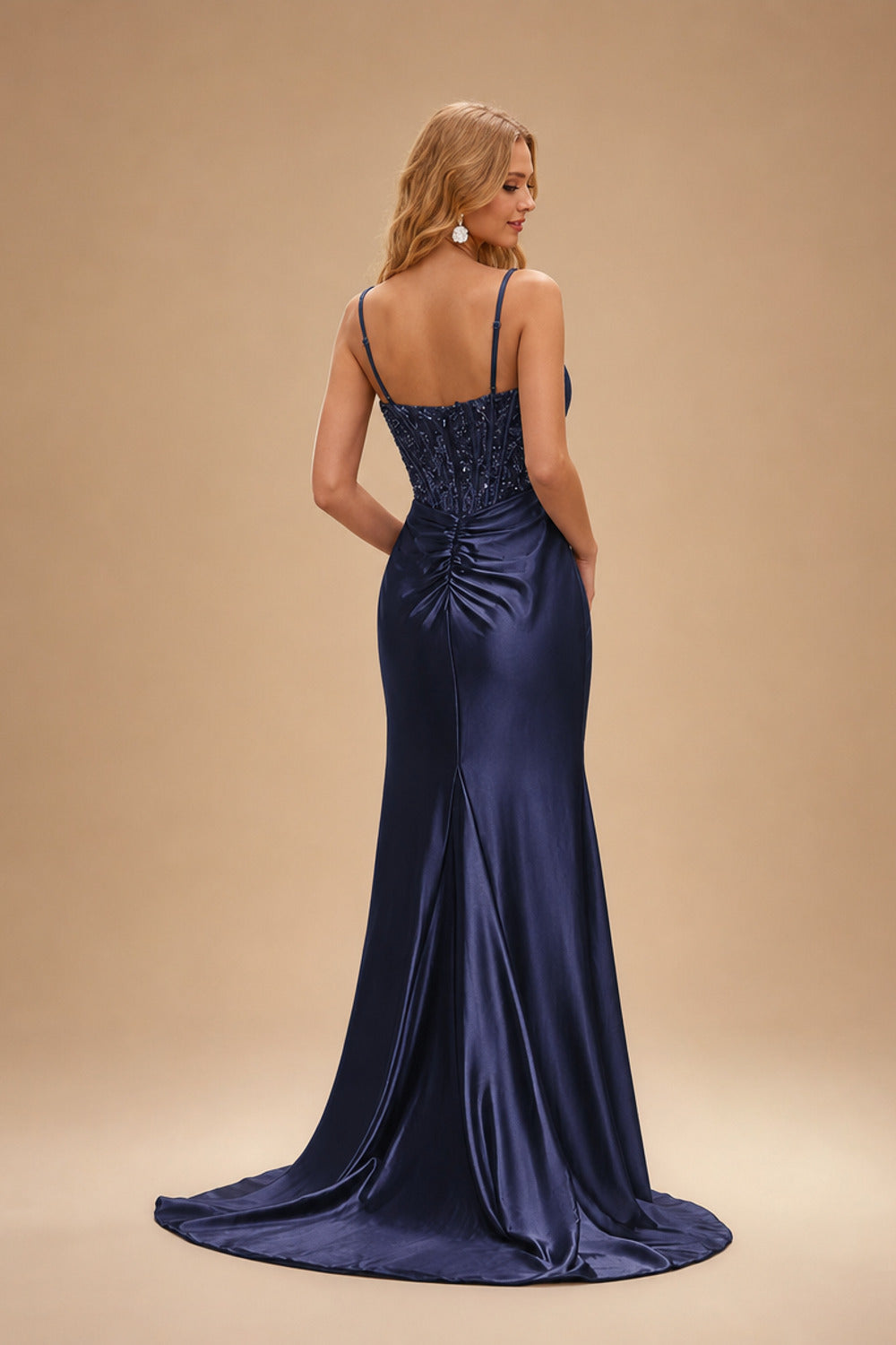Rutipo Dark Navy Ruched Mermaid Beaded Sequins Embellished Corset Slit Prom Dress with Spaghetti Straps
