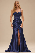 Rutipo Dark Navy Ruched Mermaid Beaded Sequins Embellished Corset Slit Prom Dress with Spaghetti Straps