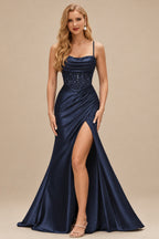 Rutipo Dark Navy Ruched Mermaid Beaded Sequins Embellished Corset Slit Prom Dress with Spaghetti Straps