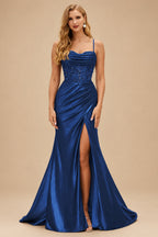 Rutipo Navy Blue Ruched Mermaid Beaded Sequins Embellished Corset Slit Prom Dress with Spaghetti Straps