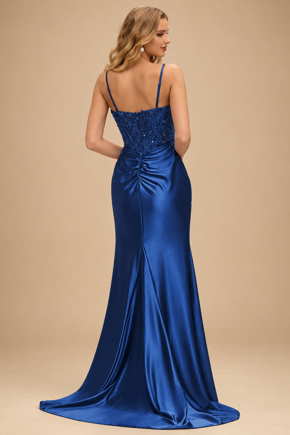 Rutipo Navy Blue Ruched Mermaid Beaded Sequins Embellished Corset Slit Prom Dress with Spaghetti Straps