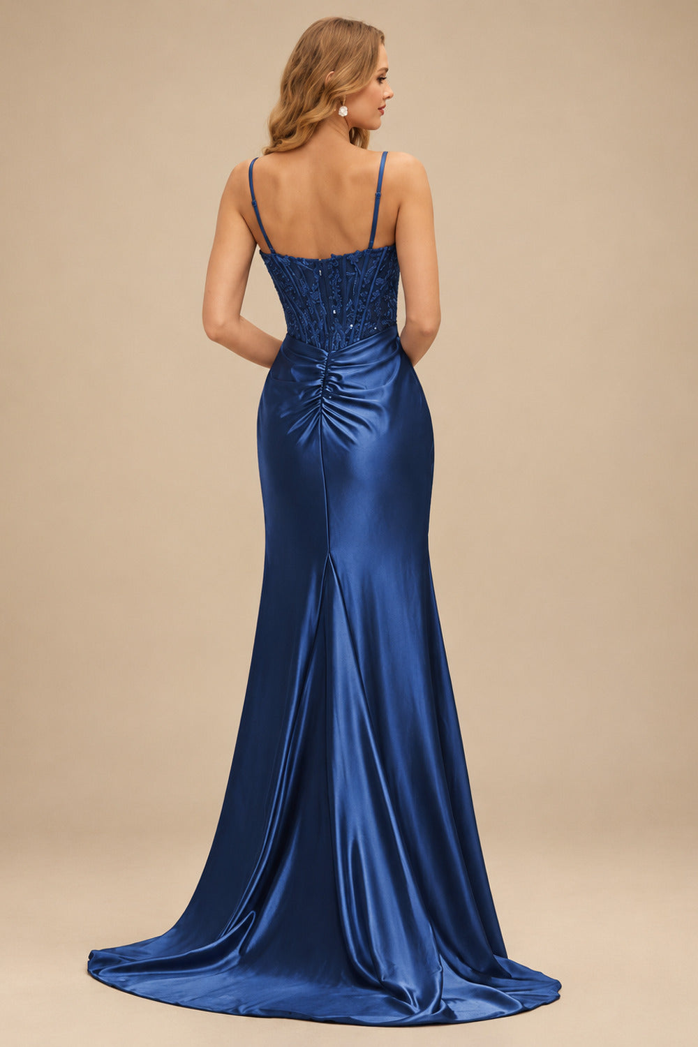 Rutipo Navy Blue Ruched Mermaid Beaded Sequins Embellished Corset Slit Prom Dress with Spaghetti Straps