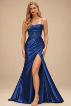 Rutipo Navy Blue Ruched Mermaid Beaded Sequins Embellished Corset Slit Prom Dress with Spaghetti Straps