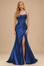 Rutipo Navy Blue Ruched Mermaid Beaded Sequins Embellished Corset Slit Prom Dress with Spaghetti Straps
