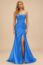 Rutipo Ocean Blue Ruched Mermaid Beaded Sequins Embellished Corset Slit Prom Dress with Spaghetti Straps
