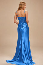 Rutipo Ocean Blue Ruched Mermaid Beaded Sequins Embellished Corset Slit Prom Dress with Spaghetti Straps