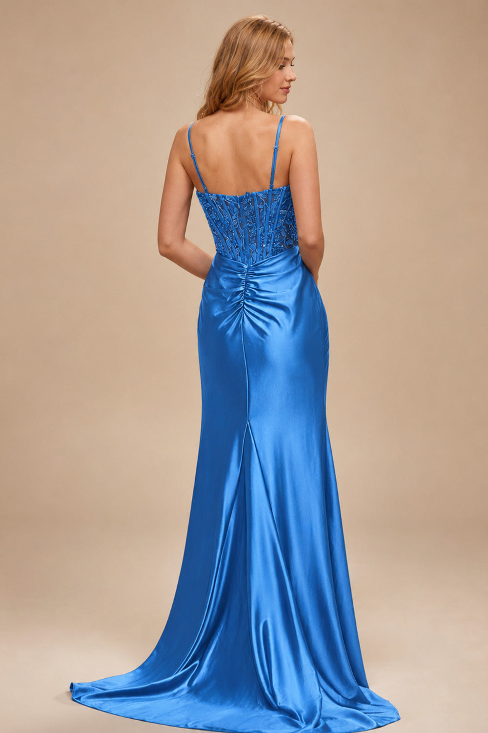 Rutipo Ocean Blue Ruched Mermaid Beaded Sequins Embellished Corset Slit Prom Dress with Spaghetti Straps