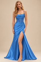 Rutipo Ocean Blue Ruched Mermaid Beaded Sequins Embellished Corset Slit Prom Dress with Spaghetti Straps