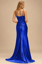 Rutipo Royal Blue Ruched Mermaid Beaded Sequins Embellished Corset Slit Prom Dress with Spaghetti Straps