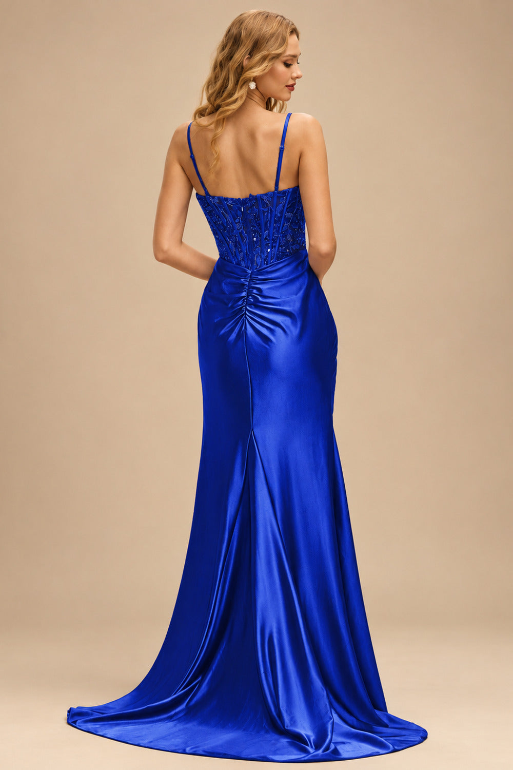 Rutipo Royal Blue Ruched Mermaid Beaded Sequins Embellished Corset Slit Prom Dress with Spaghetti Straps