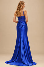 Rutipo Royal Blue Ruched Mermaid Beaded Sequins Embellished Corset Slit Prom Dress with Spaghetti Straps