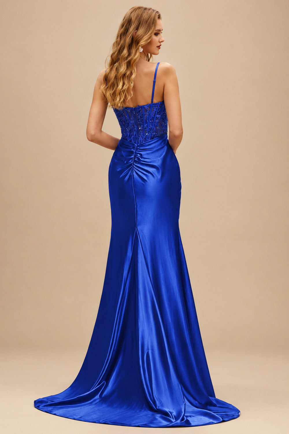 Rutipo Royal Blue Ruched Mermaid Beaded Sequins Embellished Corset Slit Prom Dress with Spaghetti Straps