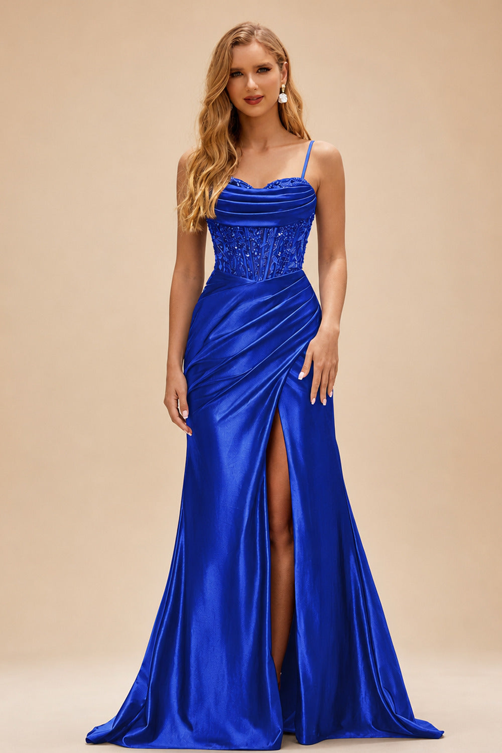 Rutipo Royal Blue Ruched Mermaid Beaded Sequins Embellished Corset Slit Prom Dress with Spaghetti Straps