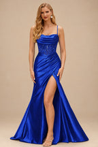 Rutipo Royal Blue Ruched Mermaid Beaded Sequins Embellished Corset Slit Prom Dress with Spaghetti Straps