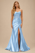 Rutipo Sky Blue Ruched Mermaid Beaded Sequins Embellished Corset Slit Prom Dress with Spaghetti Straps