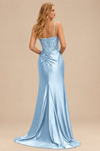 Rutipo Sky Blue Ruched Mermaid Beaded Sequins Embellished Corset Slit Prom Dress with Spaghetti Straps