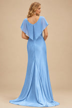 Rutipo Sky Blue Ruched Mermaid Beaded Sequins Embellished Corset Slit Prom Dress with Spaghetti Straps