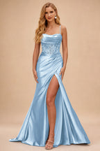 Rutipo Sky Blue Ruched Mermaid Beaded Sequins Embellished Corset Slit Prom Dress with Spaghetti Straps