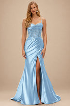 Rutipo Sky Blue Ruched Mermaid Beaded Sequins Embellished Corset Slit Prom Dress with Spaghetti Straps