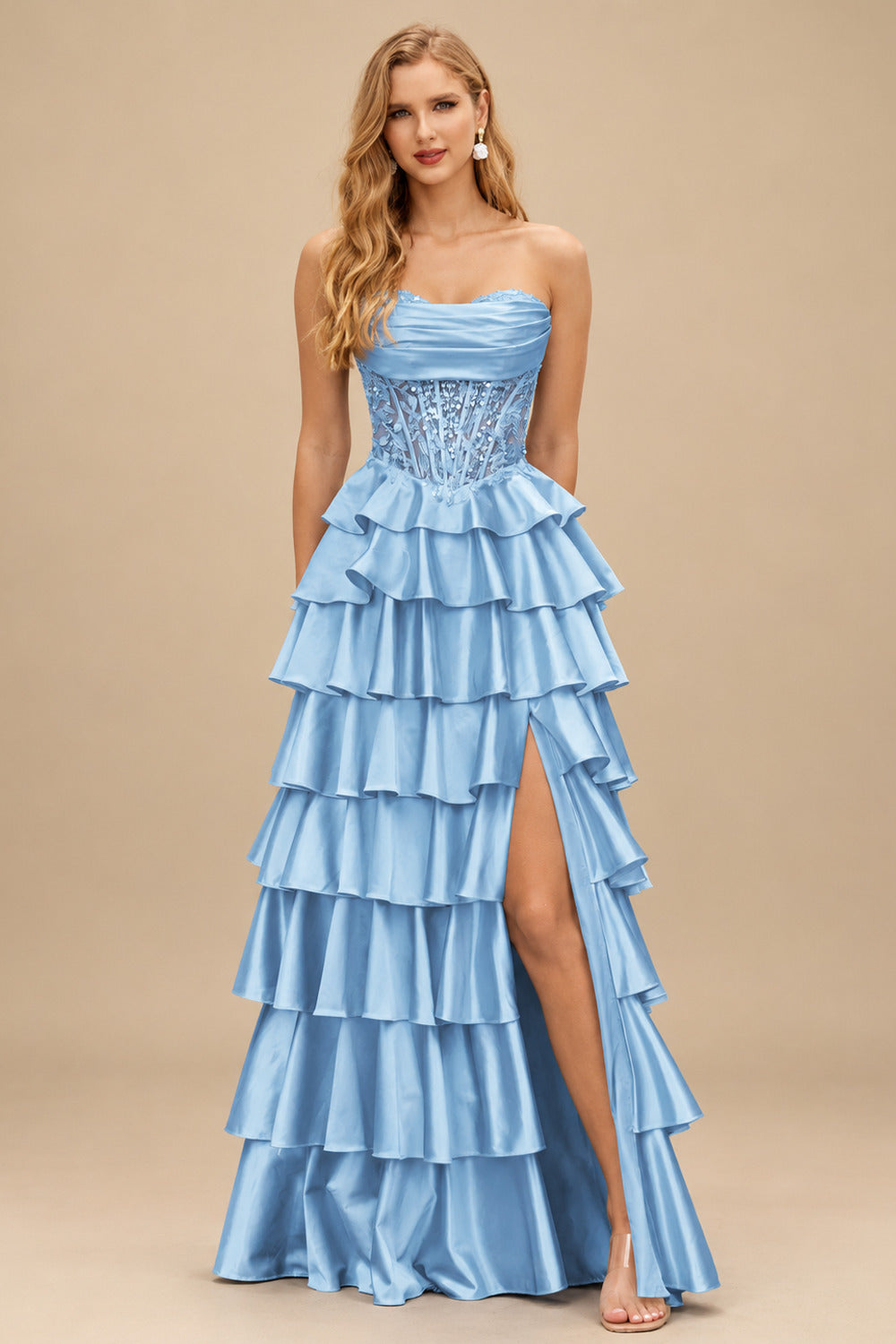 Rutipo Sky Blue A-line Ruched Strapless Illusion Embroidered Ccorset Ruffle Prom Dress with Slit