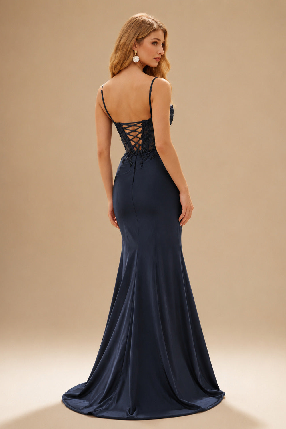 Rutipo Dark Navy Slim Spaghetti Straps Lace Applique Beaded Sheer Corset Prom Dress with Slit