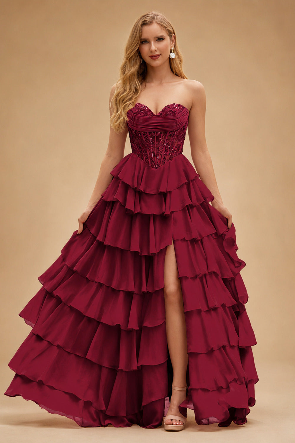 Rutipo Burgundy Strapless Sweetheart Embellished Corset Chiffon Slit Ruffle Prom Dress