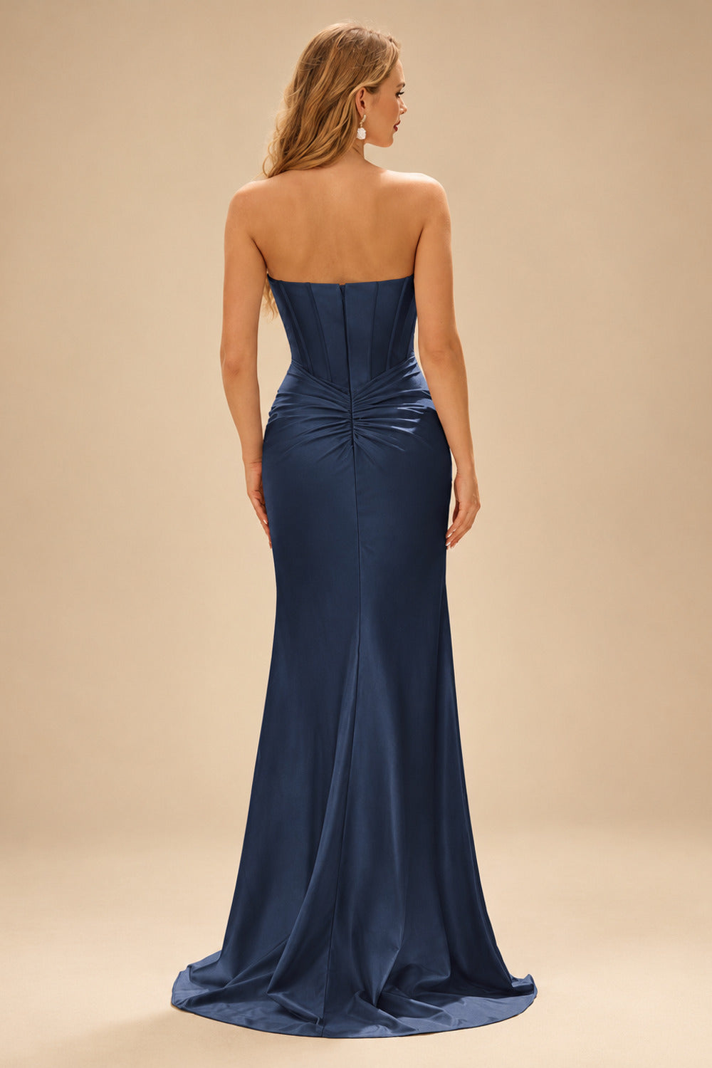 Rutipo Dark Navy Fitted Pearls Beads Strapless Corset Ruched Prom Dress with Slit
