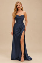 Rutipo Dark Navy Strapless Sweetheart Cowl Neck Corset Silk like Satin Prom Dress with High Slit