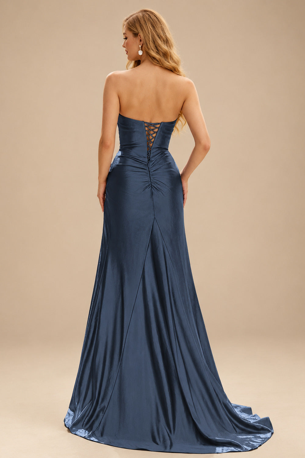 Rutipo Dark Navy Strapless Sweetheart Cowl Neck Corset Silk like Satin Prom Dress with High Slit