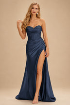 Rutipo Dark Navy Strapless Sweetheart Cowl Neck Corset Silk like Satin Prom Dress with High Slit